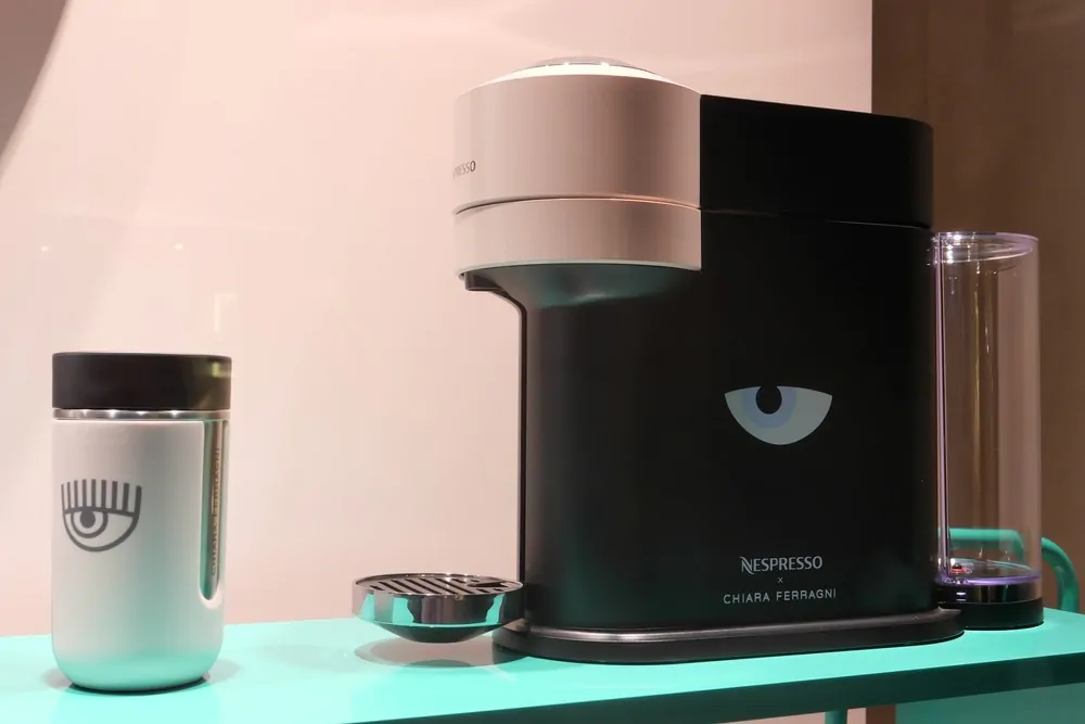 Mini essence machine by Chiara Ferragni on diplay at Nespresso fashion boutique